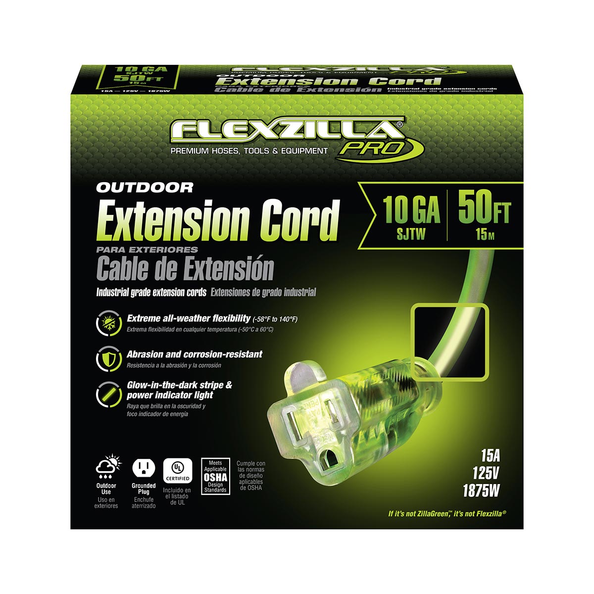 Flexzilla¬Æ Pro Extension Cord 10/3 AWG SJTW 50' Outdoor Lighted Plug ZillaGreen‚Ñ¢