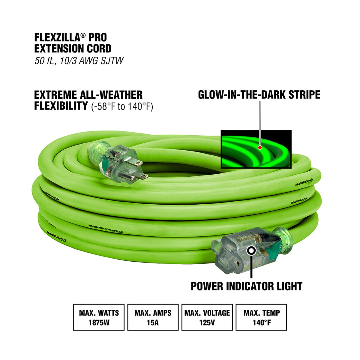 Flexzilla¬Æ Pro Extension Cord 10/3 AWG SJTW 50' Outdoor Lighted Plug ZillaGreen‚Ñ¢