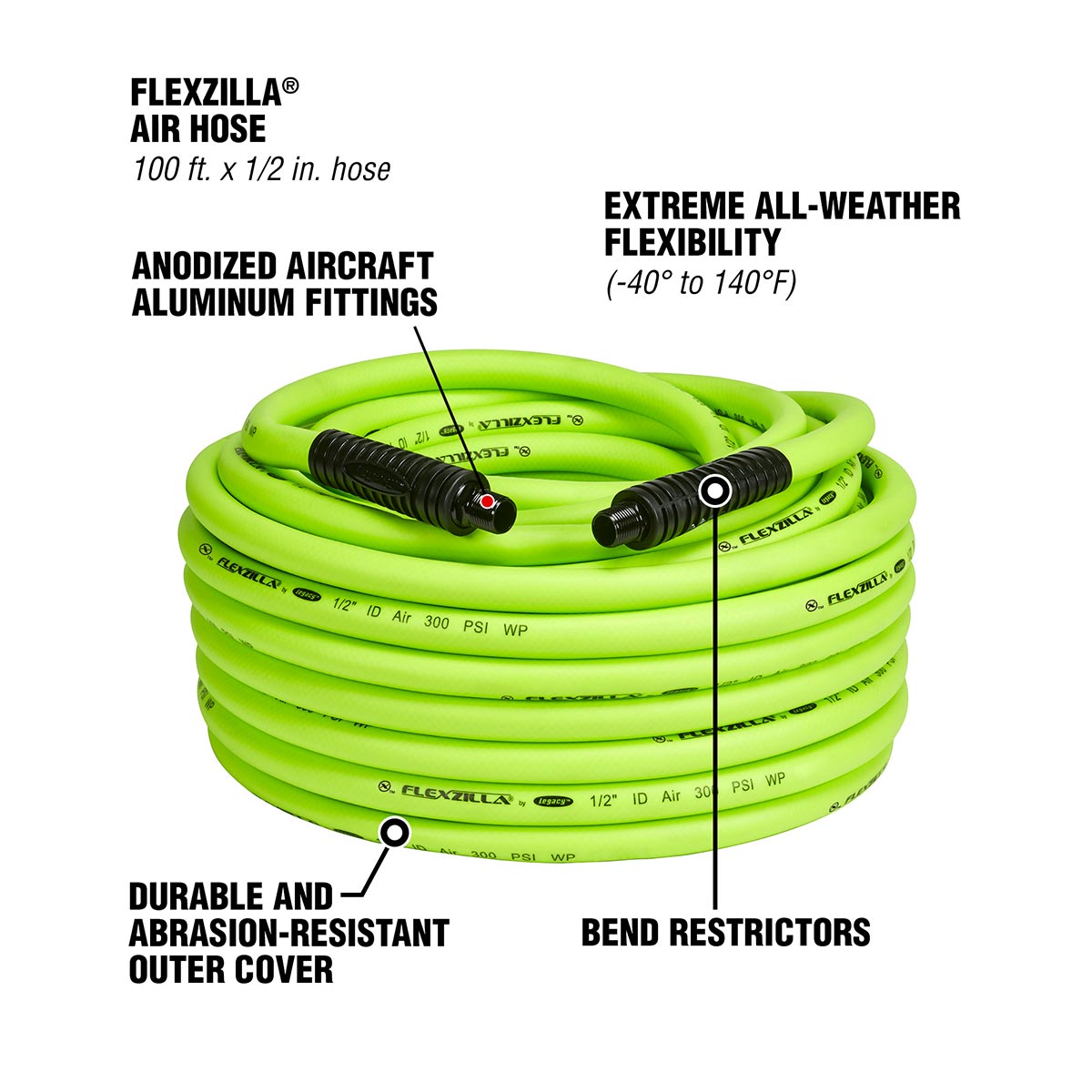 Flexzilla Heavy Duty Light Weight Air Hose 1/2" x 100' with 1/2" MNPT Fittings