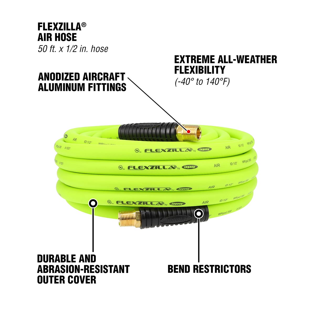 Flexzilla Heavy Duty Lightweight Air Hose 1/2" x 50' - 1/2" MNPT Fittings