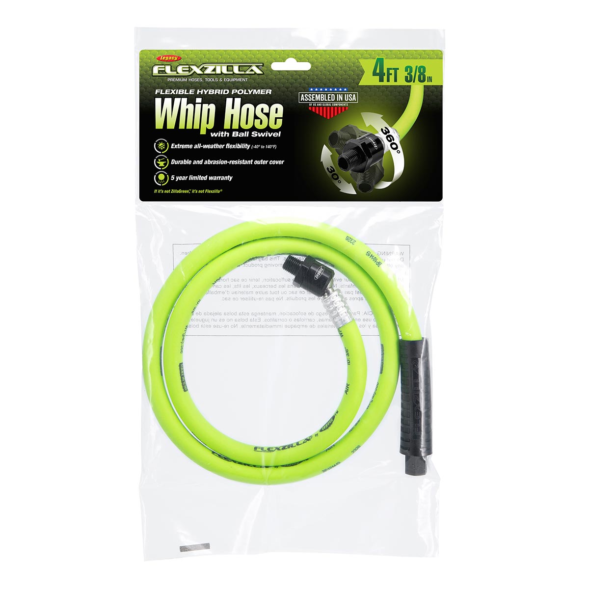 Flexzilla Heavy Duty Lightweight Whip Hose with Ball Swivel 3/8" x 4'