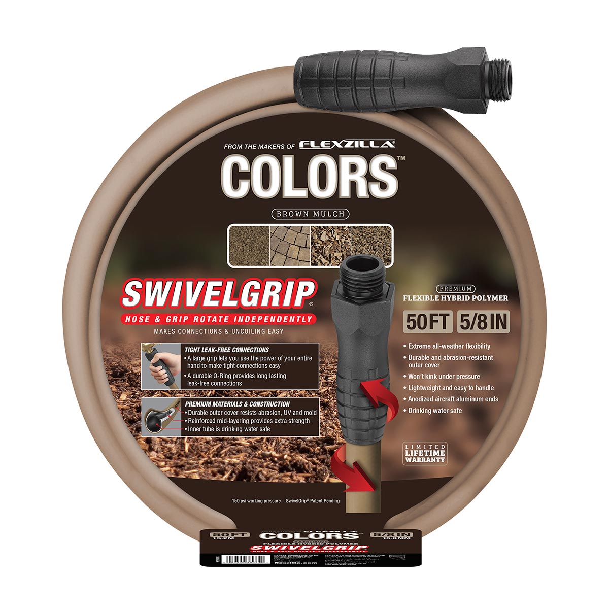 Flexzilla¬Æ Colors‚Ñ¢ SwivelGrip¬Æ Garden Hose 5/8" x 50' 3/4" - 11 1/2 GHT Fittings Brown Mulch