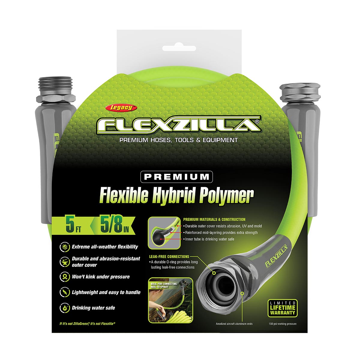 Flexzilla¬Æ Garden Lead-in Hose 5/8" x 5' 3/4" - 11 1/2 GHT Fittings ZillaGreen¬Æ