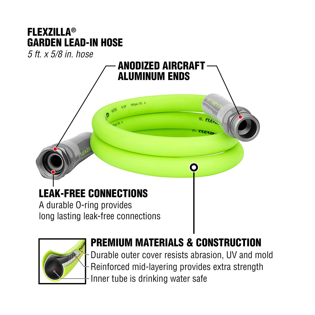Flexzilla¬Æ Garden Lead-in Hose 5/8" x 5' 3/4" - 11 1/2 GHT Fittings ZillaGreen¬Æ