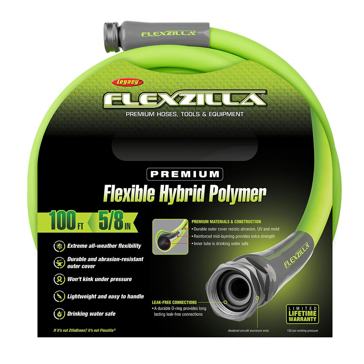 Flexzilla¬Æ Garden Hose 5/8" x 100' 3/4" - 11 1/2 GHT Fittings ZillaGreen¬Æ