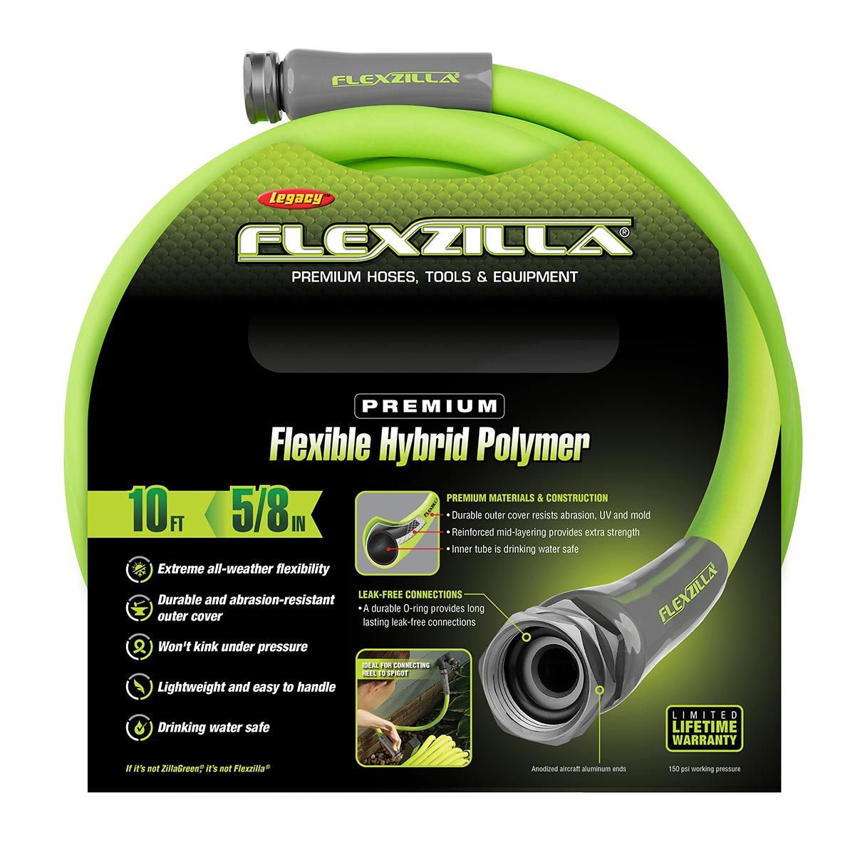 Flexzilla¬Æ Garden Hose 5/8" x 10' 3/4" - 11 1/2 GHT Fittings ZillaGreen¬Æ