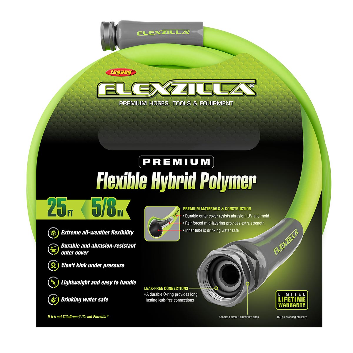 Flexzilla¬Æ Garden Hose 5/8" x 25' 3/4" - 11 1/2 GHT Fittings ZillaGreen¬Æ