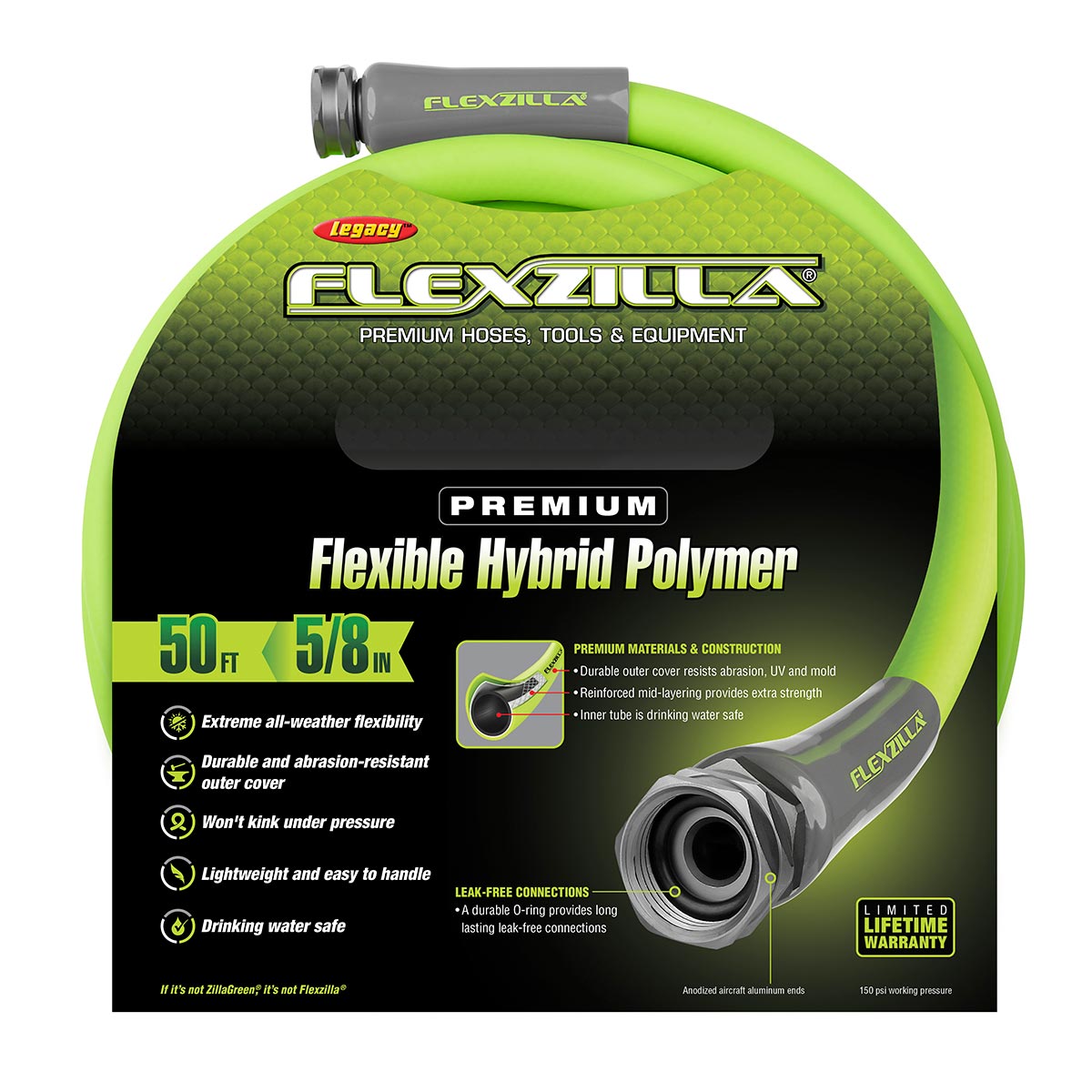 Flexzilla¬Æ Garden Hose 5/8" x 50' 3/4" - 11 1/2 GHT Fittings ZillaGreen¬Æ