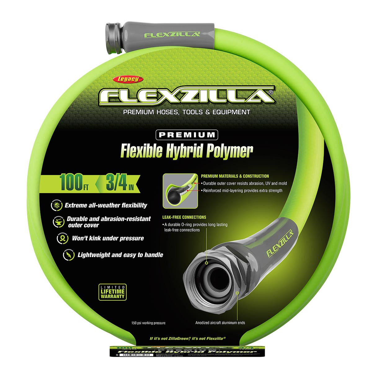 Flexzilla¬Æ Garden Hose 3/4" x 100' 3/4" - 11 1/2 GHT Fittings ZillaGreen¬Æ