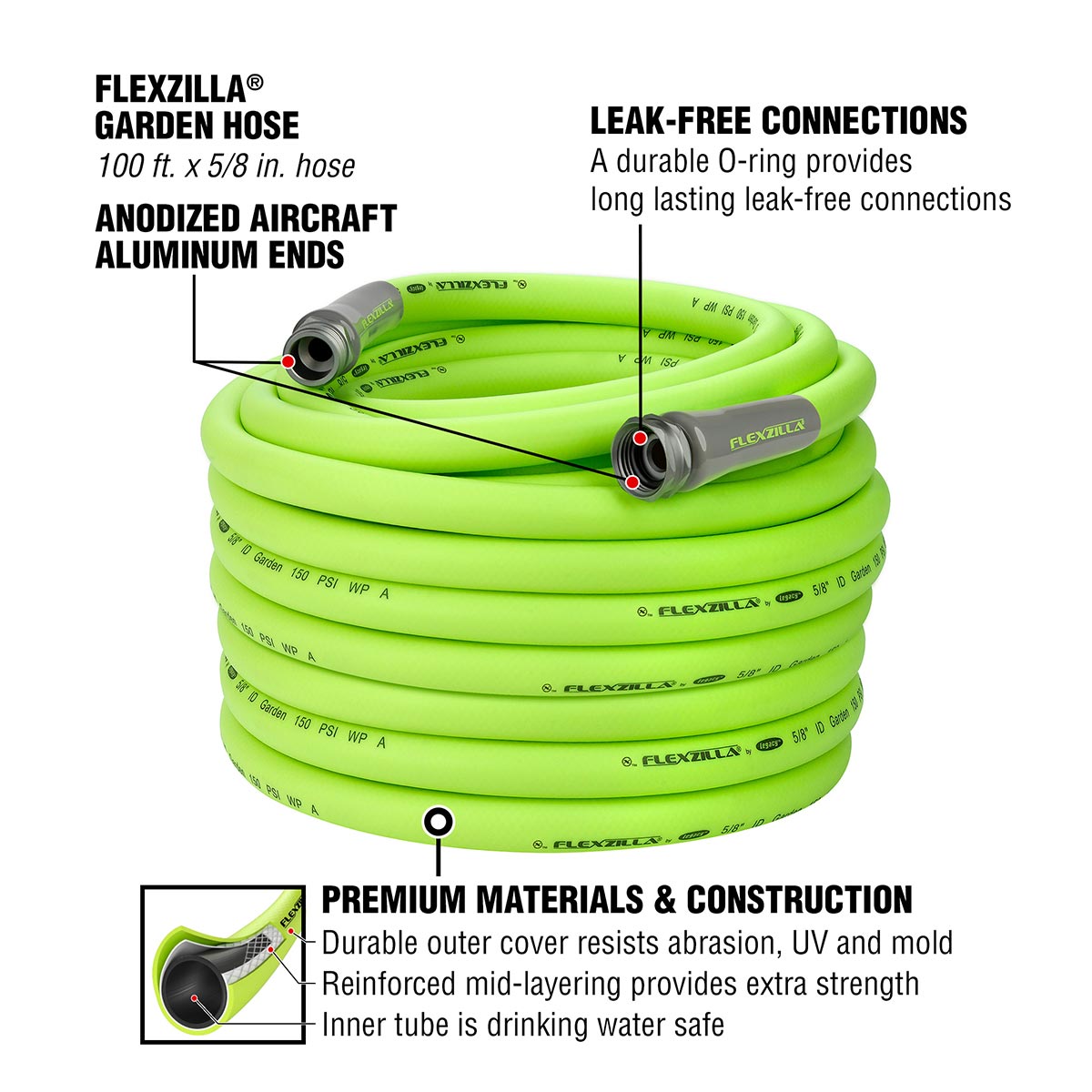 Flexzilla¬Æ Garden Hose 3/4" x 100' 3/4" - 11 1/2 GHT Fittings ZillaGreen¬Æ