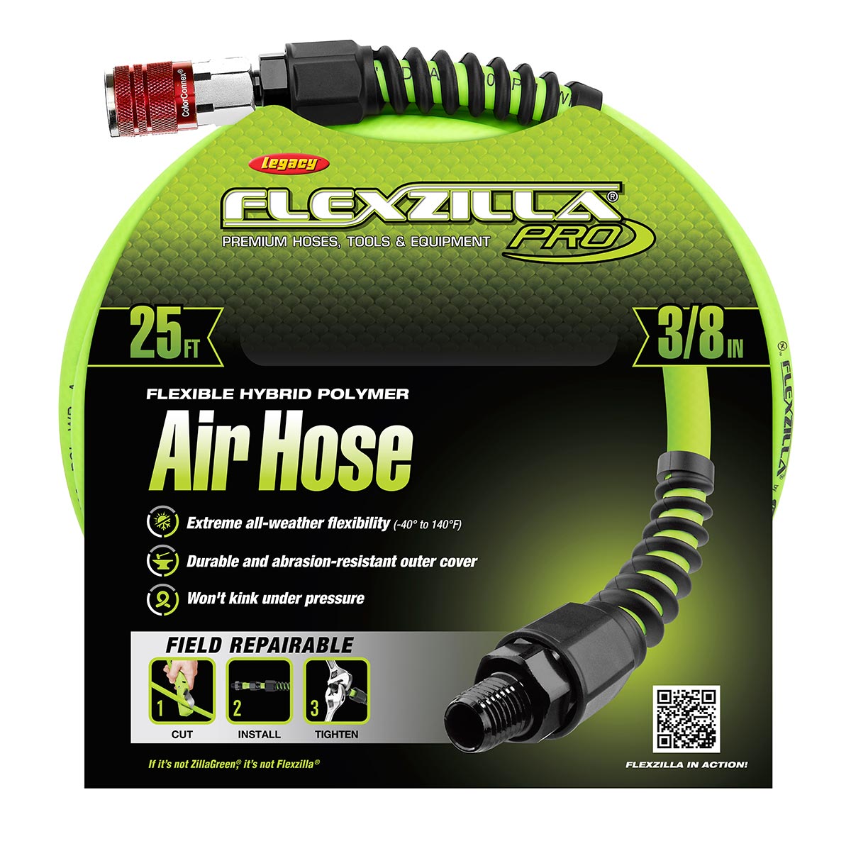 Flexzilla Heavy Duty Lightweight Air Hose 3/8" x 25' with ColorConnex Coupler and Plug - (Red) Ty