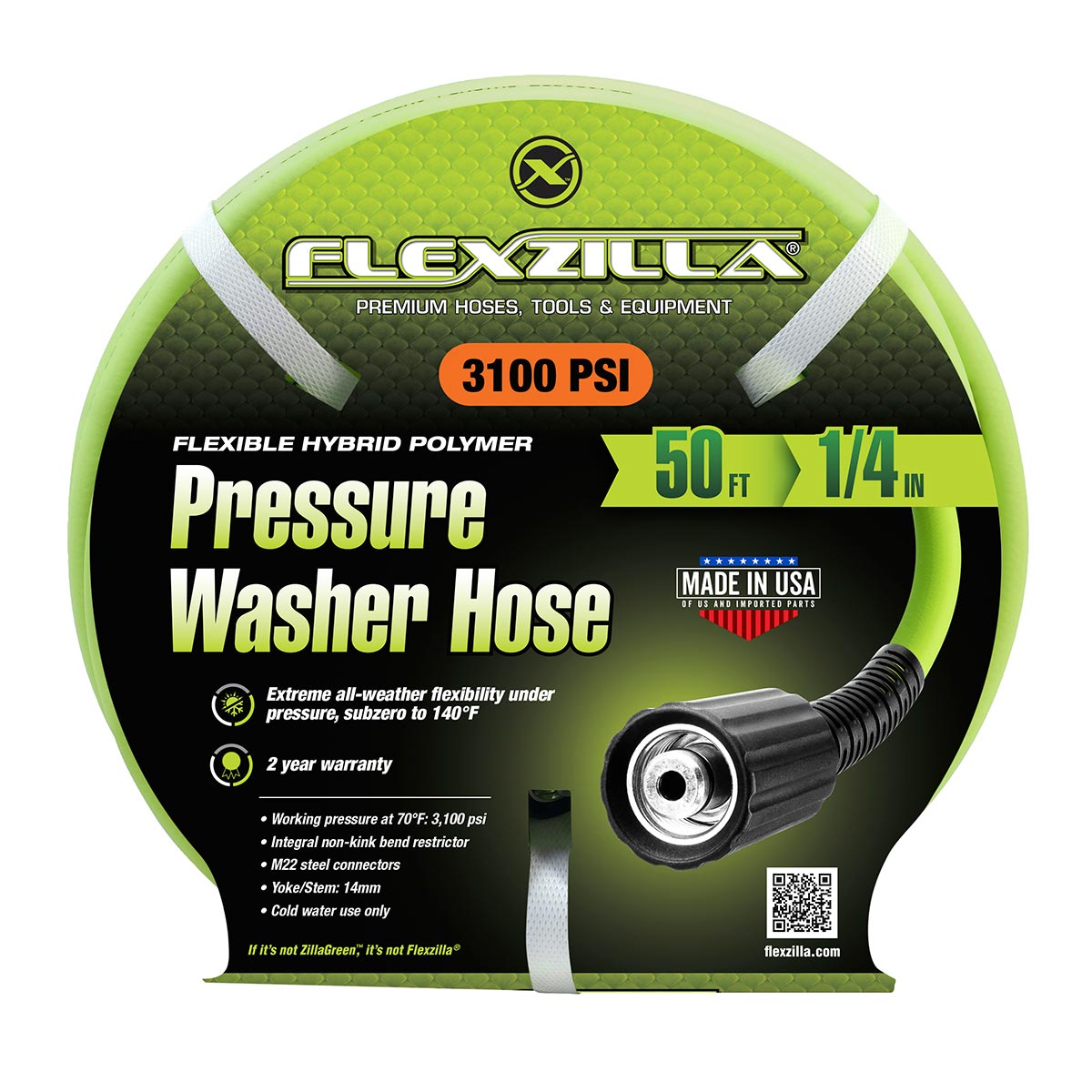 Flexzilla¬Æ Pressure Washer Hose 1/4" x 50‚Äô 3100 PSI M22 Fittings ZillaGreen¬Æ