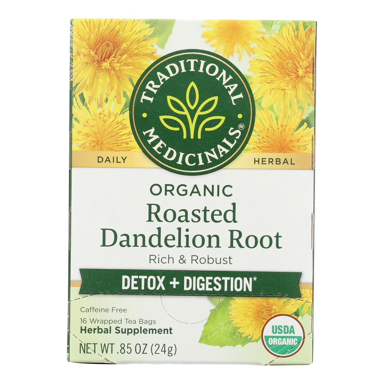 Traditional Medicinals Organic Roasted Dandelion Root Herbal Tea - 16 Tea Bags - Case of 6