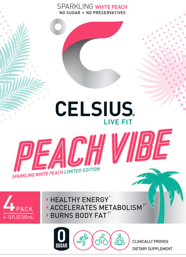 Celsius Live Fit Peach Vibe Energy Drink 4 - 12 fl oz Cans - Case of 6