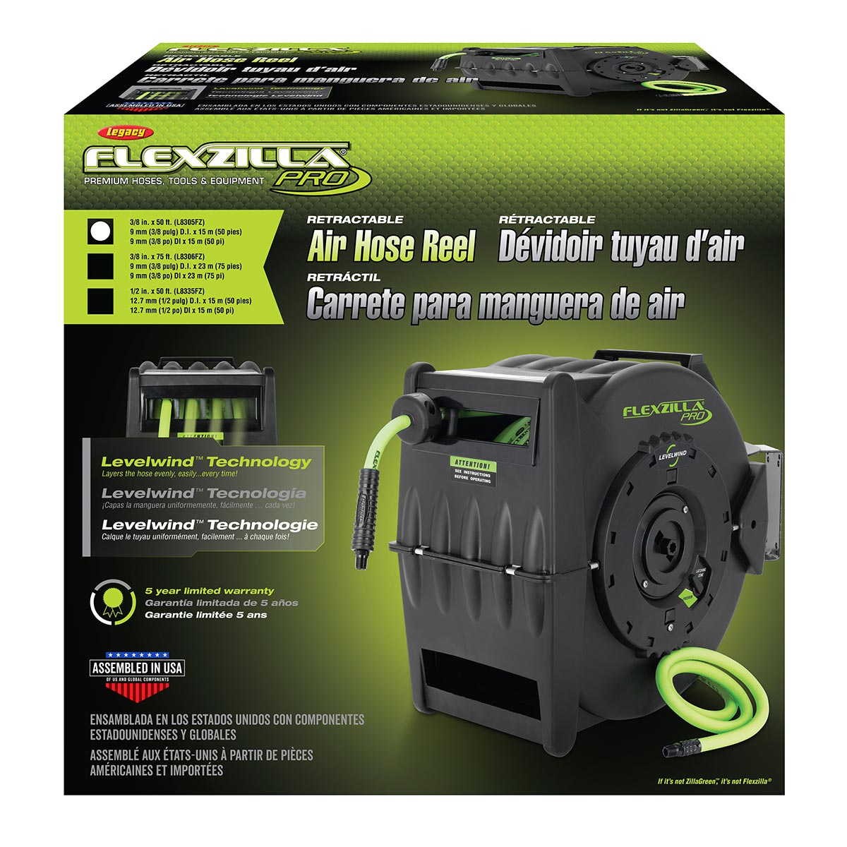 Flexzilla Retractable Air Hose Reel with Levelwind Technology 3/8" x 50'