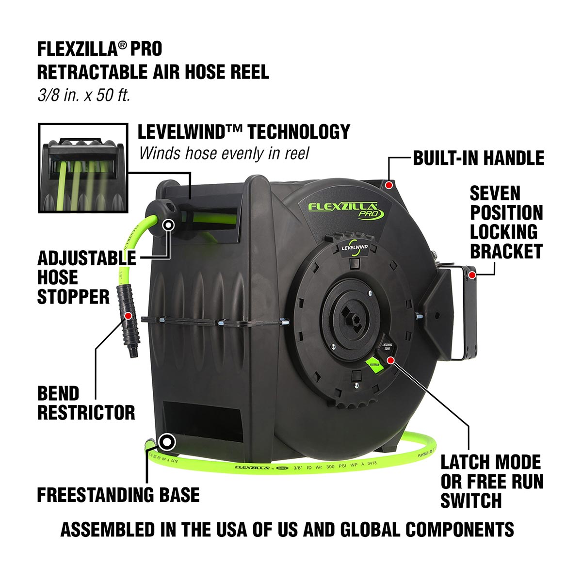 Flexzilla Retractable Air Hose Reel with Levelwind Technology 3/8" x 50'