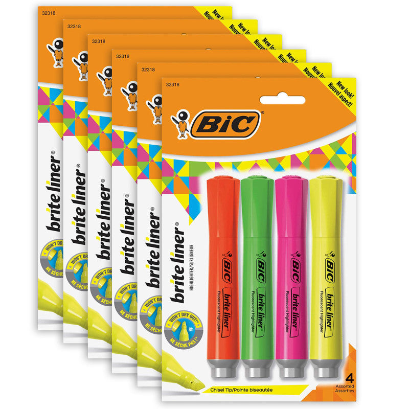 BIC - Brite Liner® Grip Tank Highlighter, Chisel Tip, Assorted Colors, 4 Per Pack, 6 Packs