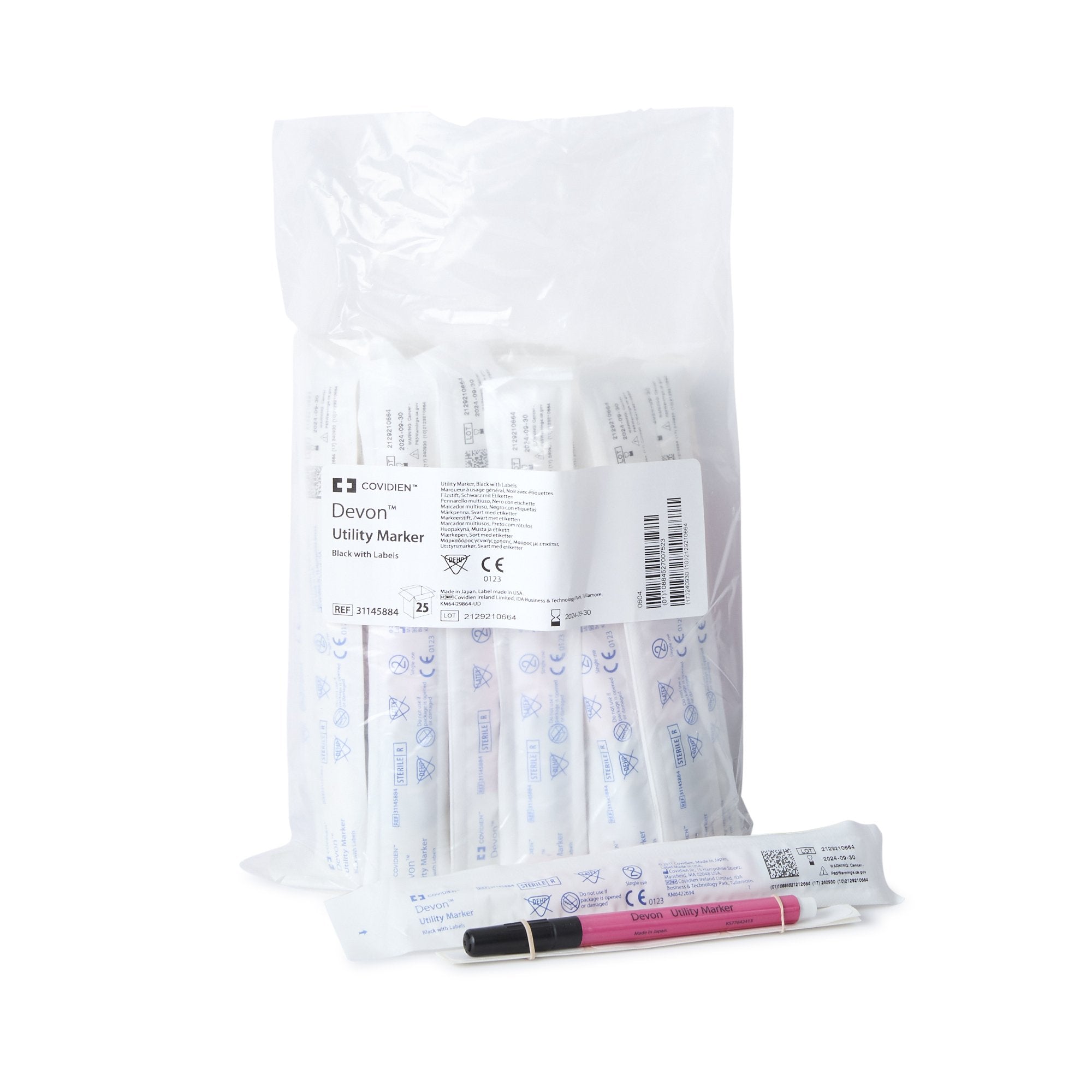 Cardinal - Medical Utility Marker with Labels Devon™ Permanent Black Ink Sterile Full Size Fine Tip [25/BX]