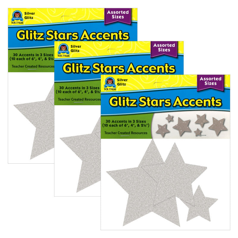 TEACHER CREATED RESOURCES - Silver Glitz Stars Accents, Assorted Sizes, 30 Per Pack, 3 Packs