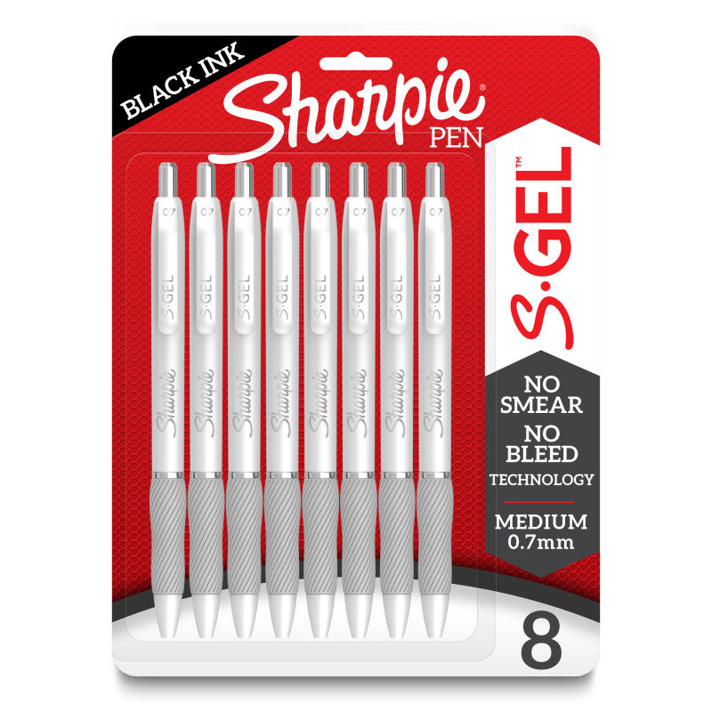 SHARPIE - S-Gel, Gel Pens, Medium Point (0.7mm), Pearl White Body, Black Gel Ink Pens, 8 Count