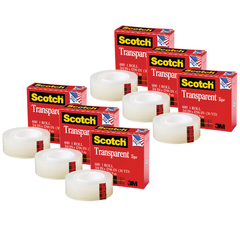 SCOTCH - Transparent Tape Refill Roll, 3/4" x 1296", Pack of 6