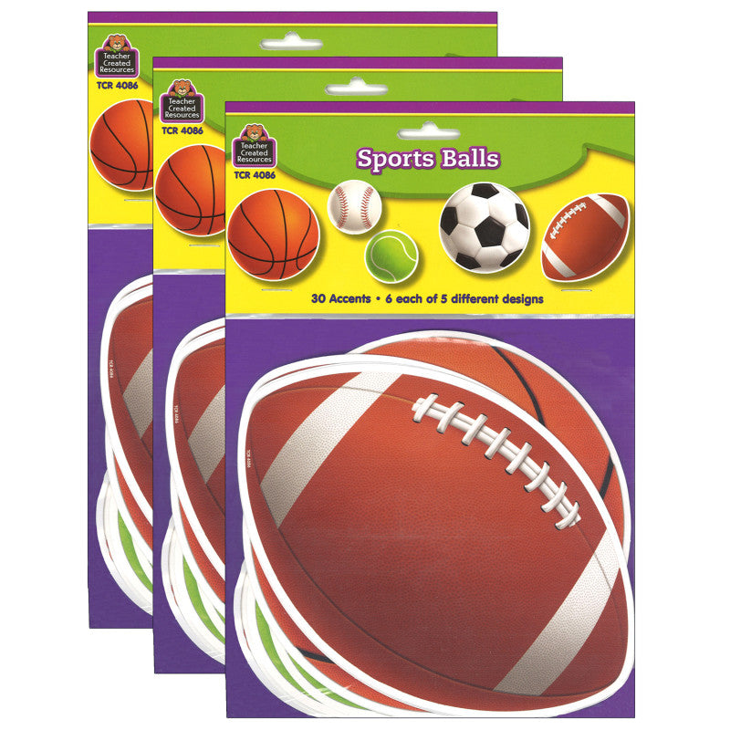 TEACHER CREATED RESOURCES - Sports Balls Accents, 30 Per Pack, 3 Packs