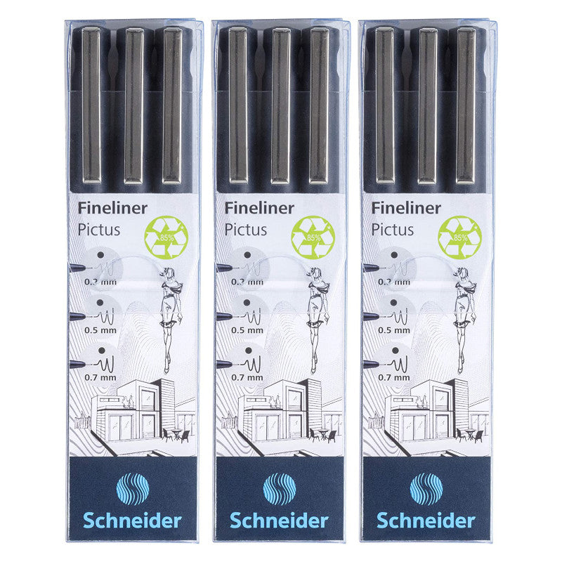 SCHNEIDER - Pictus Fineliners, Wallet, Black Ink, Assorted Sizes, 3 Per Pack, 3 Packs