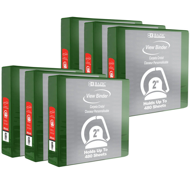 BAZIC PRODUCTS - Slant D Ring View Binder with 2 Pockets, 2", Green, Pack of 6