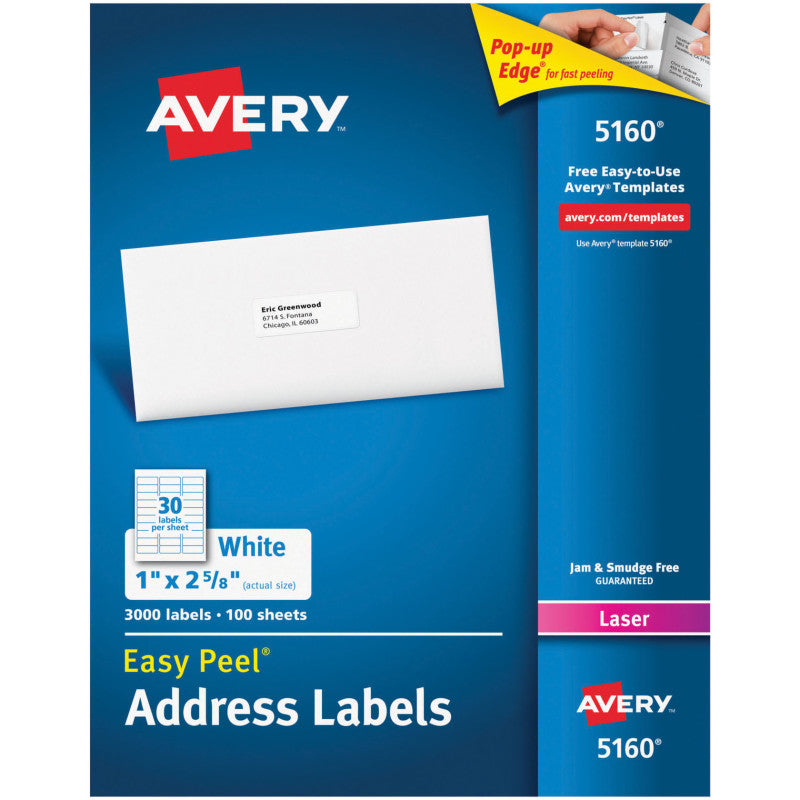 AVERY - Easy Peel® Address Labels, Permanent Adhesive, 1" x 2-5/8", 3000 Labels