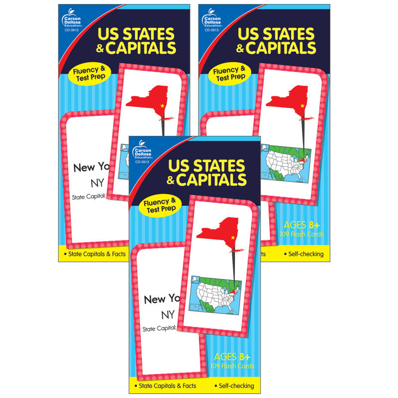 CARSON DELLOSA EDUCATION - U.S. States & Capitals Flash Cards, Grade 3-5, Pack of 3