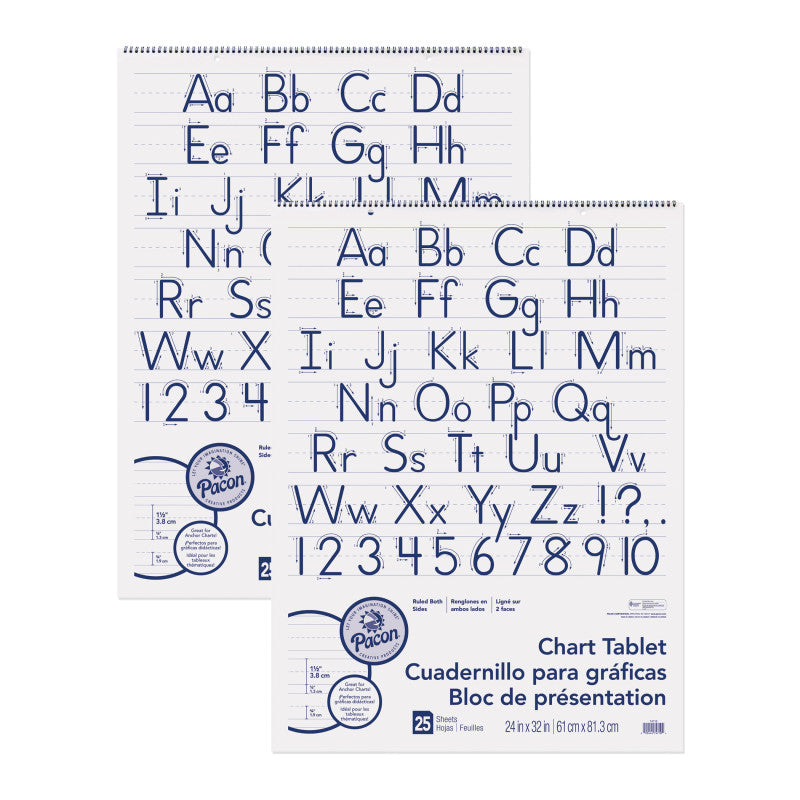 PACON - Chart Tablet, Manuscript Cover, 1-1/2" Ruled, 24" x 32", 25 Sheets, Pack of 2