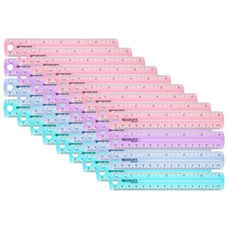 WESTCOTT - Plastic Ruler, 6 in, Assorted Colors, Pack of 36