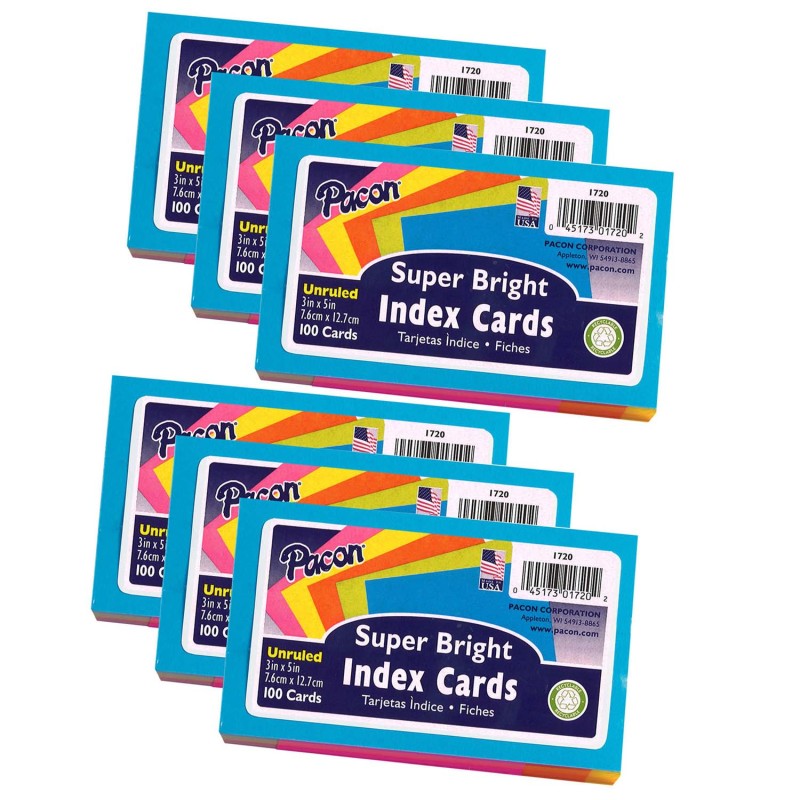 PACON - Index Cards, 5 Super Bright Assorted Colors, Unruled, 3" x 5", 100 Cards Per Pack, 6 Packs