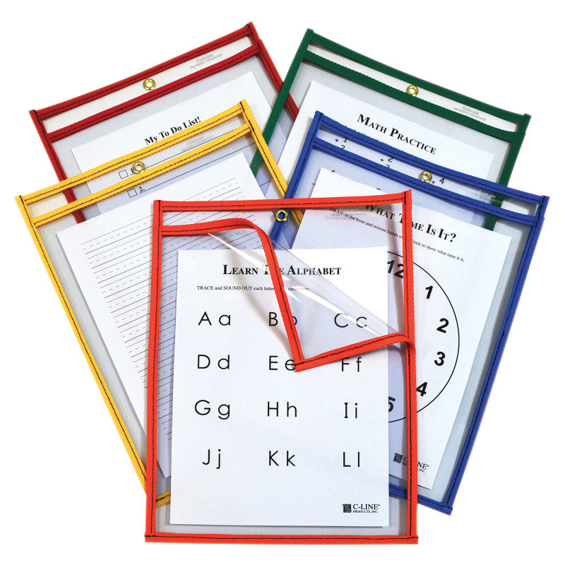 C-LINE - Super Heavyweight Plus Reusable Dry Erase Pockets - Study Aid, Assorted Primary Colors, 9 x 12, Box of 25