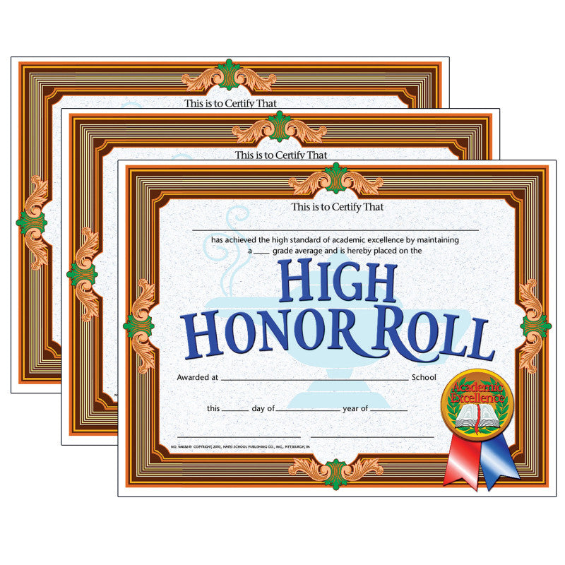 HAYES PUBLISHING - High Honor Roll Certificate, 8.5" x 11", 30 Per Pack, 3 Packs