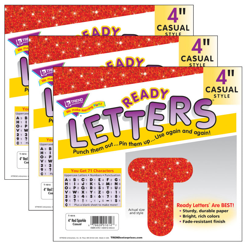 TREND - Red Sparkle 4" Casual Uppercase Ready Letters®, 3 Packs
