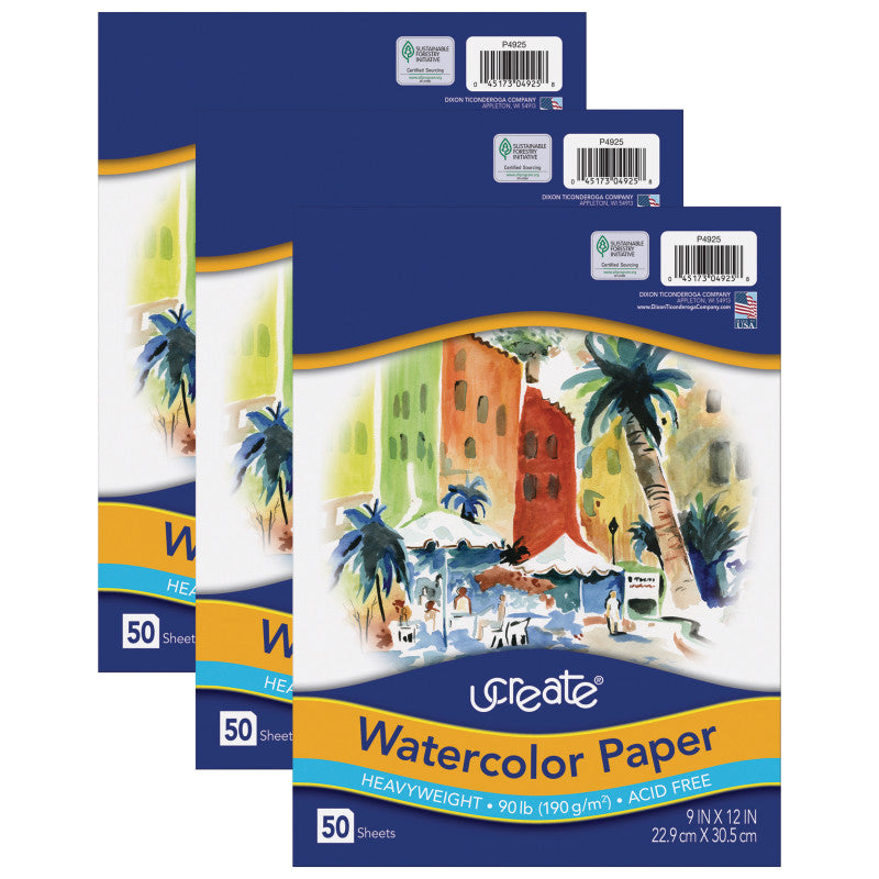 UCREATE - Watercolor Paper, White, 90lb., 9" x 12", 50 Sheets Per Pack, 3 Packs