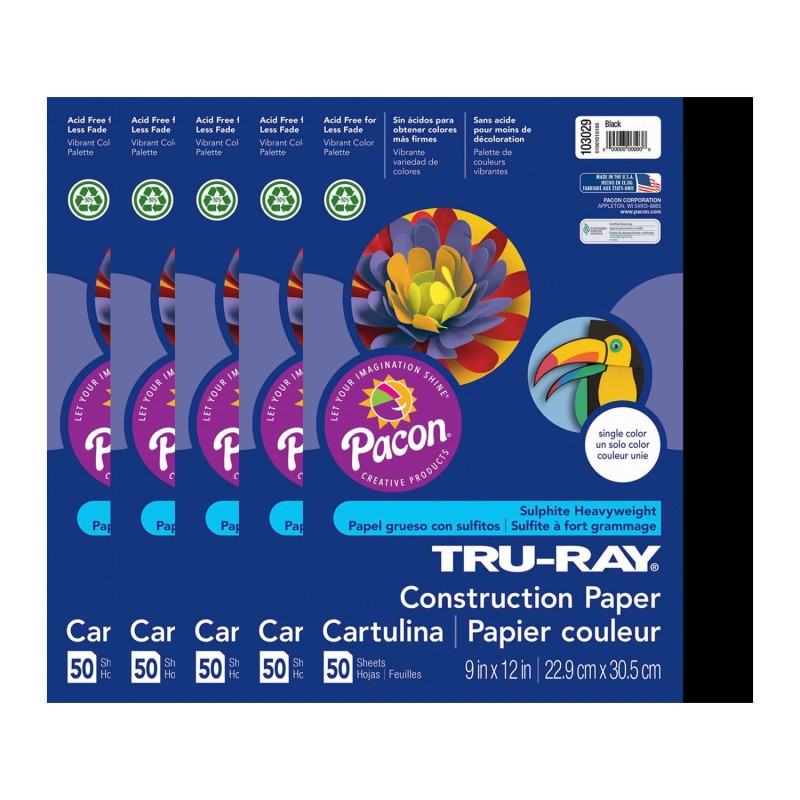 TRU-RAY - Construction Paper, Black, 9" x 12", 50 Sheets Per Pack, 5 Packs