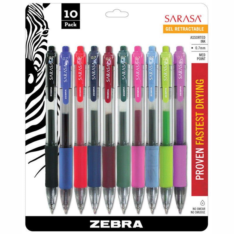 ZEBRA PEN - Sarasa Gel Retractable Roller Ball Ink Pens, Assorted 10-Pack