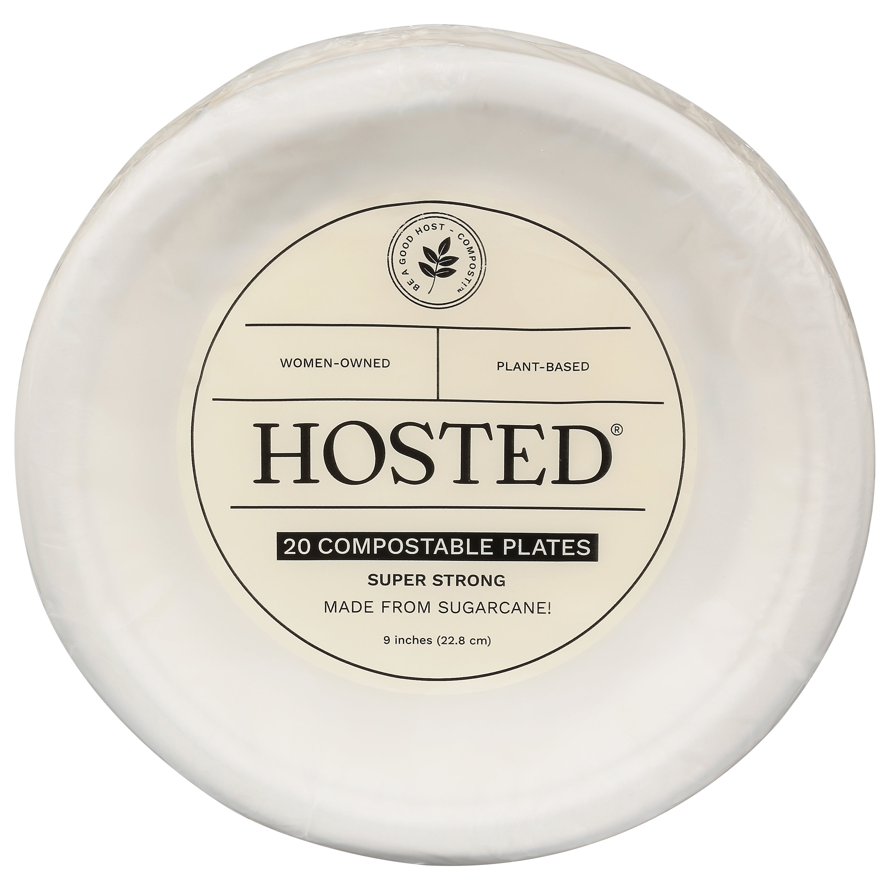 Hosted 9 Inch Super Strong Compostable Plates 20 ea - Case of 24