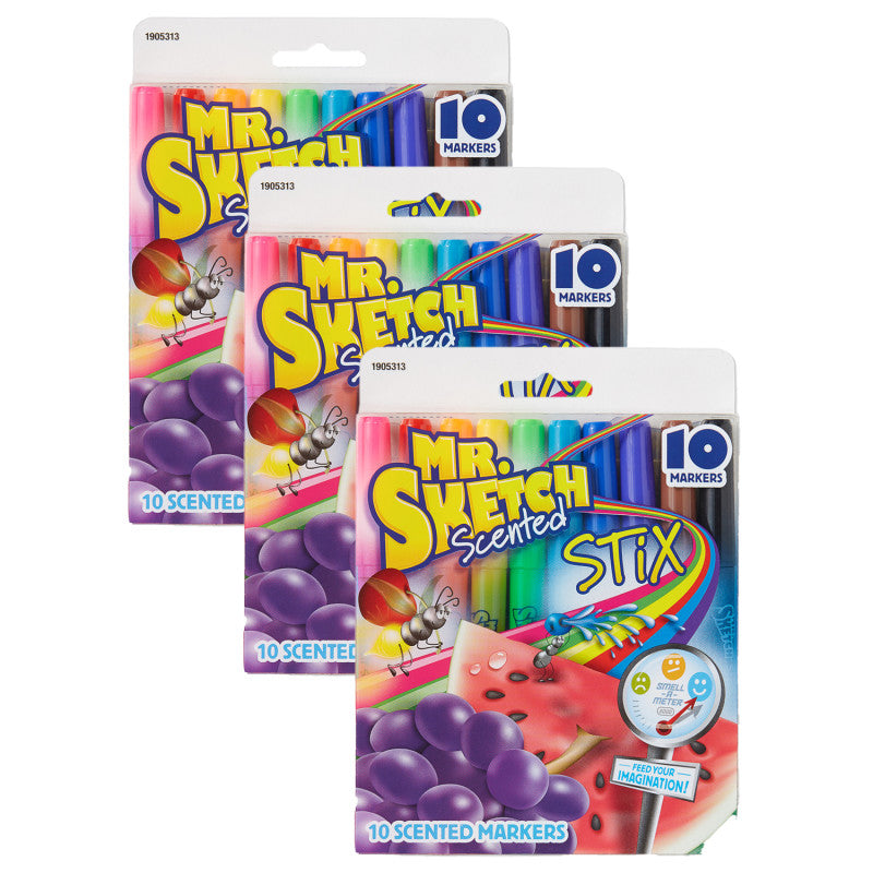 MR. SKETCH - Scented Stix, Bullet Point Markers, Assorted, 10 Per Pack, 3 Packs