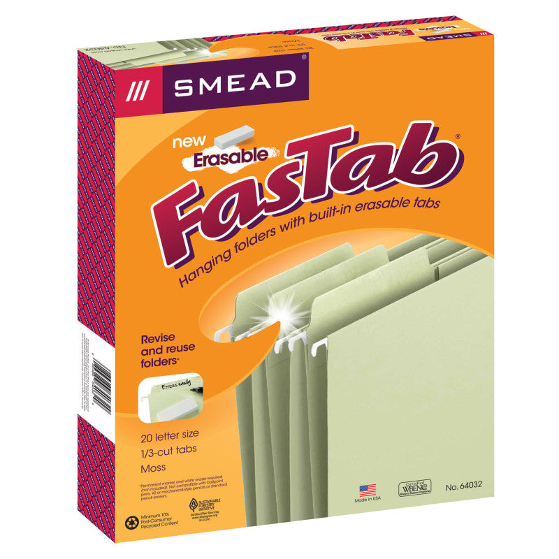 SMEAD - Erasable FasTab® Hanging File Folder, 1/3-Cut Built-In Tab, Letter Size, Moss, Box of 20