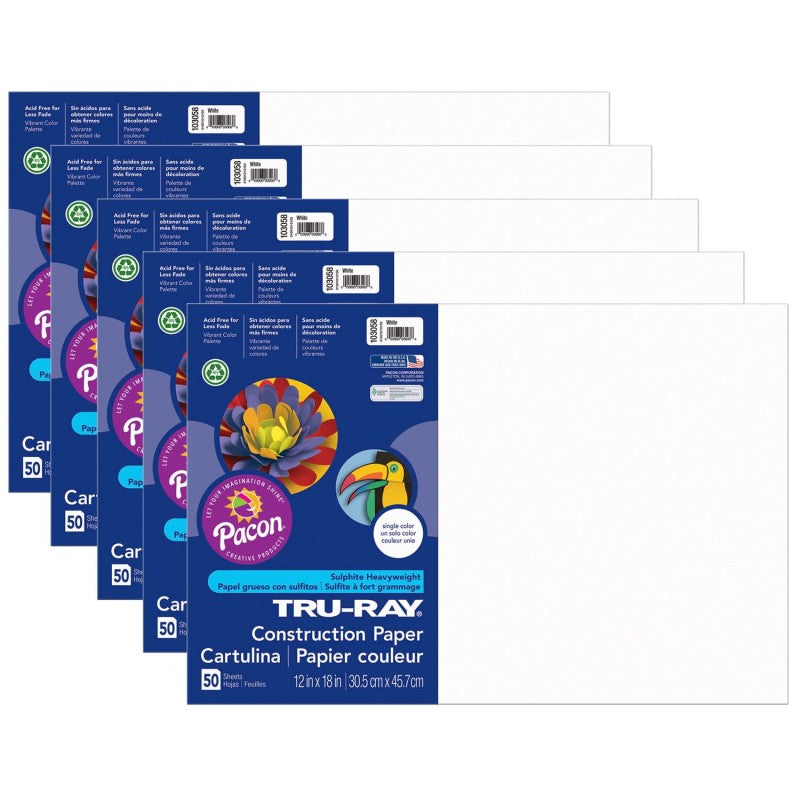 TRU-RAY - Construction Paper, White, 12" x 18", 50 Sheets Per Pack, 5 Packs (PAC103058-5)