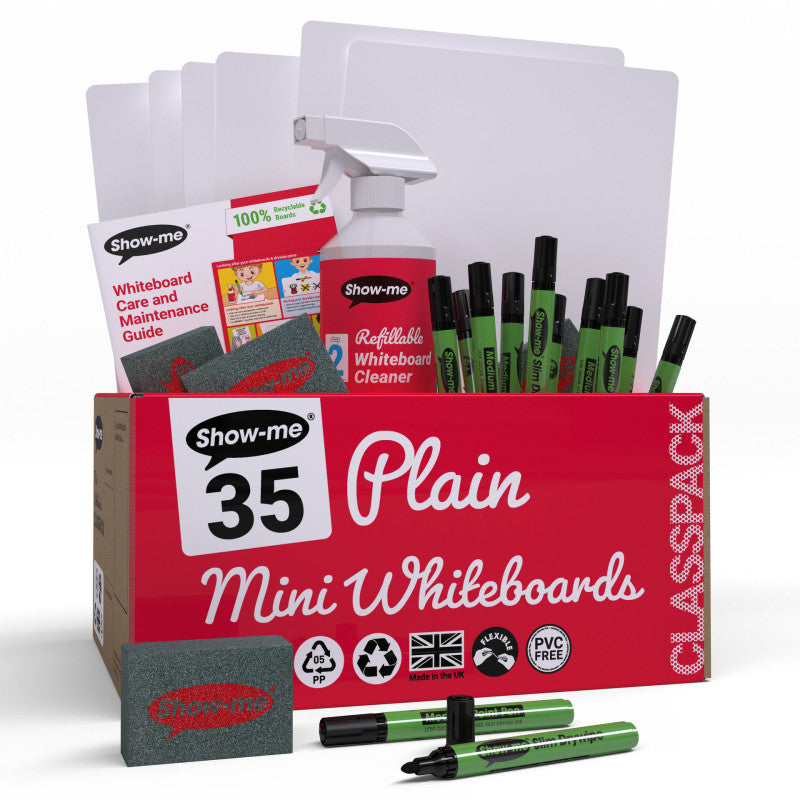 Classpack of 35 x Plain/Plain 8" x 12" Whiteboards, with Pens, Erasers, Cleaner