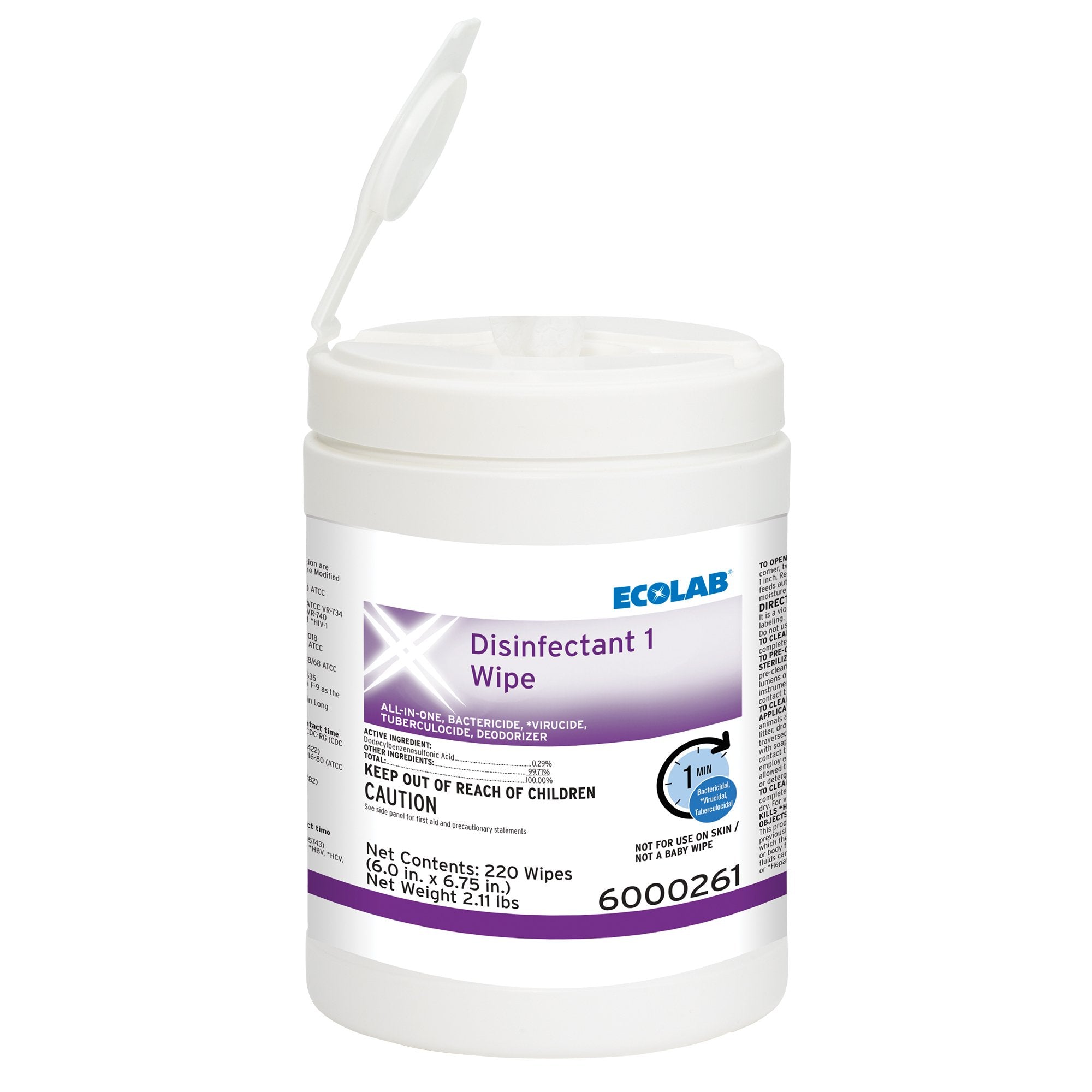 Ecolab - Ecolab® Disinfectant 1 Surface Disinfectant Cleaner Bactericidal Manual Pull Wipe 220 Count Canister Sweet Scent NonSterile [220/CT]