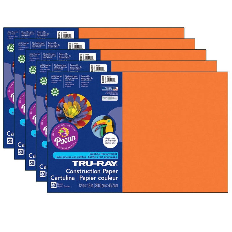 TRU-RAY - Construction Paper, Orange, 12" x 18", 50 Sheets Per Pack, 5 Packs (PAC103034-5)