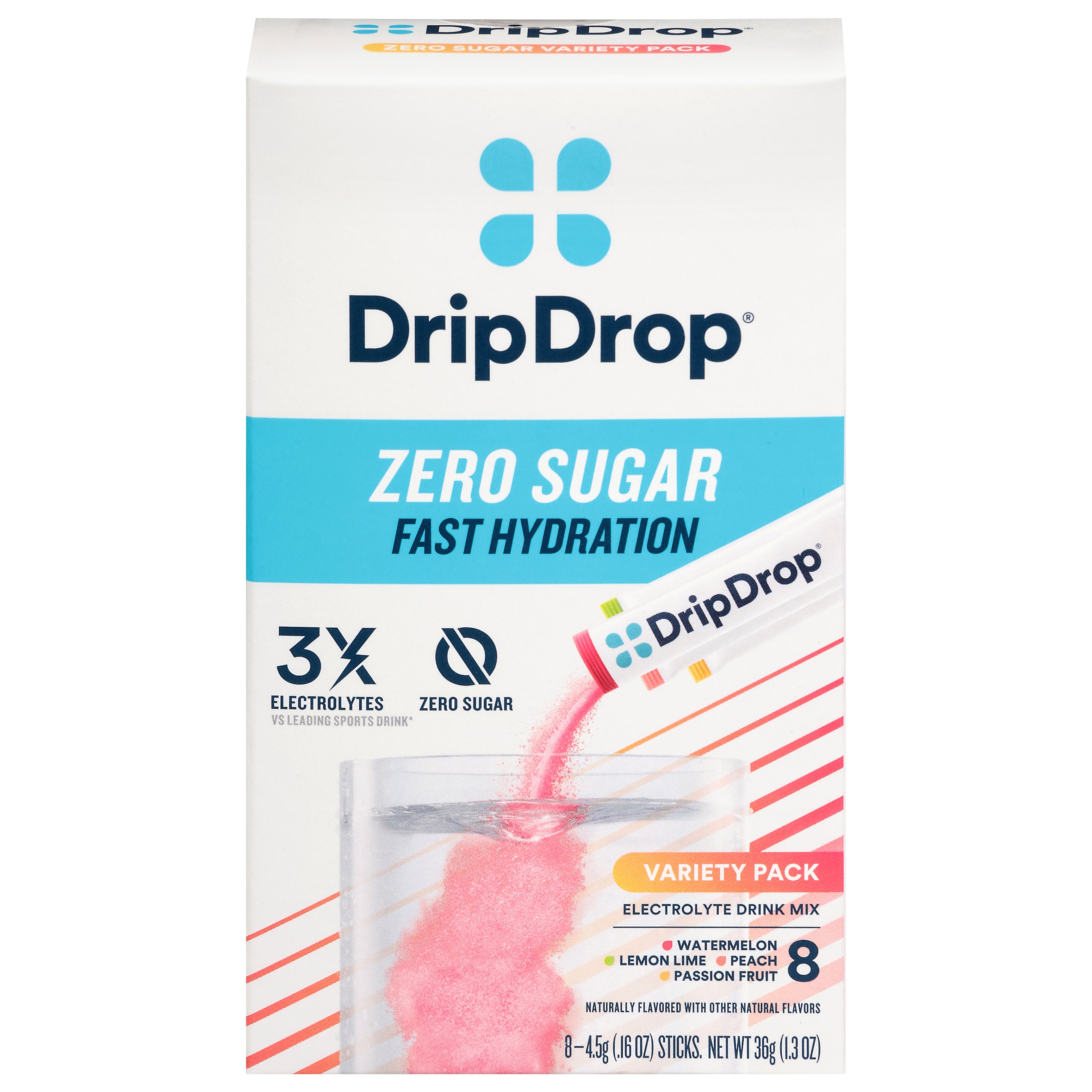 DripDrop Zero Sugar Fast Hydration Electrolyte Drink Mix Variety Pack 8 - 0.16 oz Sticks - Case of 8