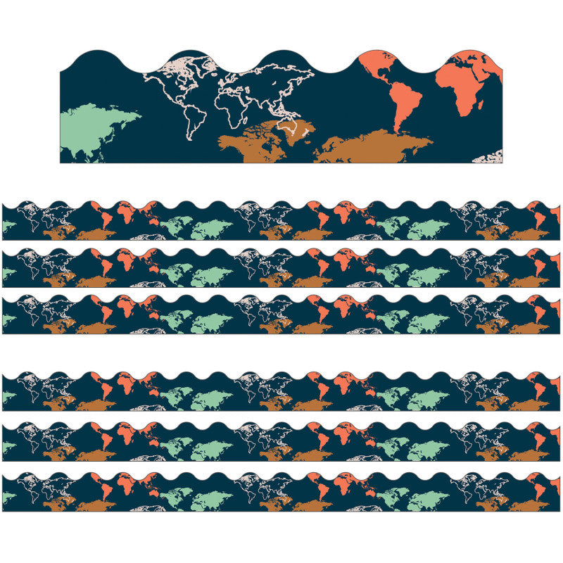 CARSON DELLOSA EDUCATION - Let's Explore World Map Scalloped Border, 39 Feet Per Pack, 6 Packs
