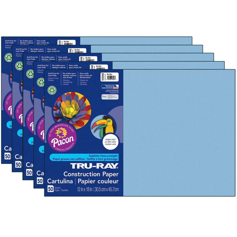 TRU-RAY - Construction Paper, Sky Blue, 12" x 18", 50 Sheets Per Pack, 5 Packs (PAC103048-5)