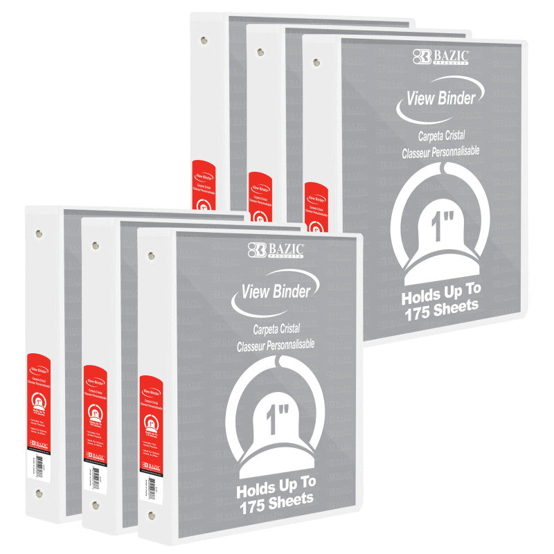 BAZIC PRODUCTS - View Binder, 3-Ring, 1", 2 Pockets, White, Pack of 6
